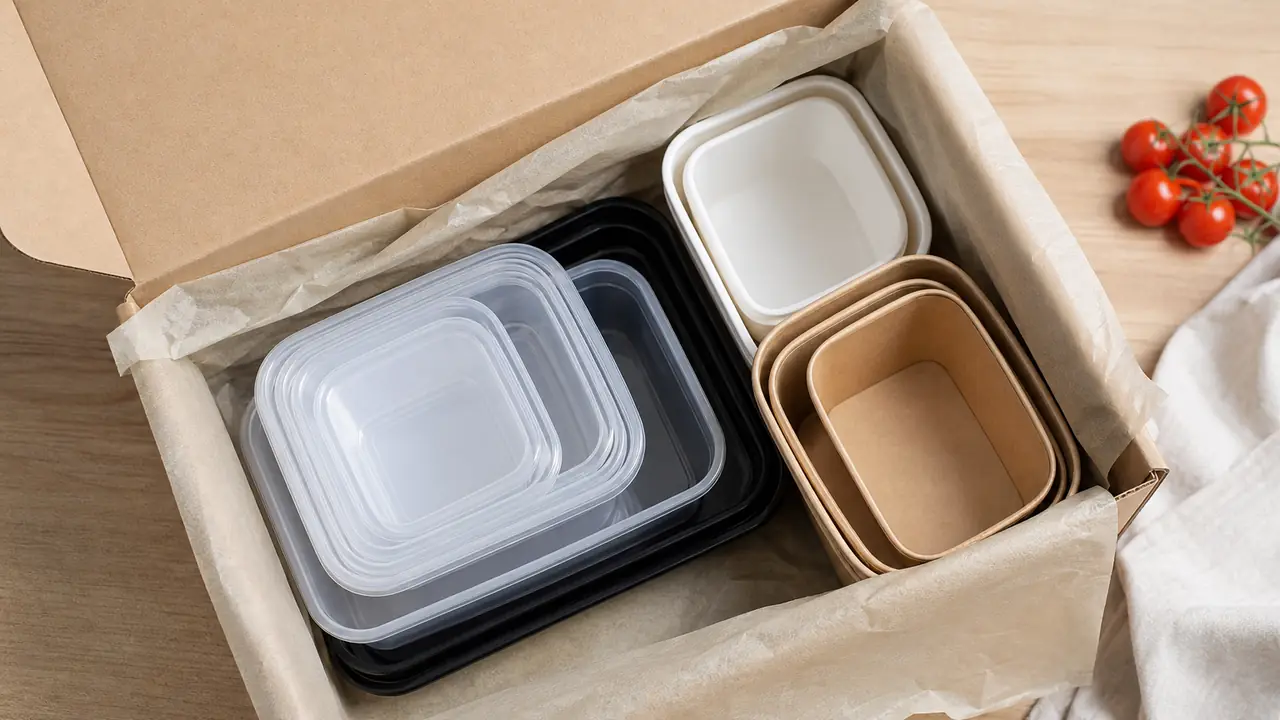Food storage container set with a vacuum container, clear fridge organizer bins and a desk organizer beside a printed gift box