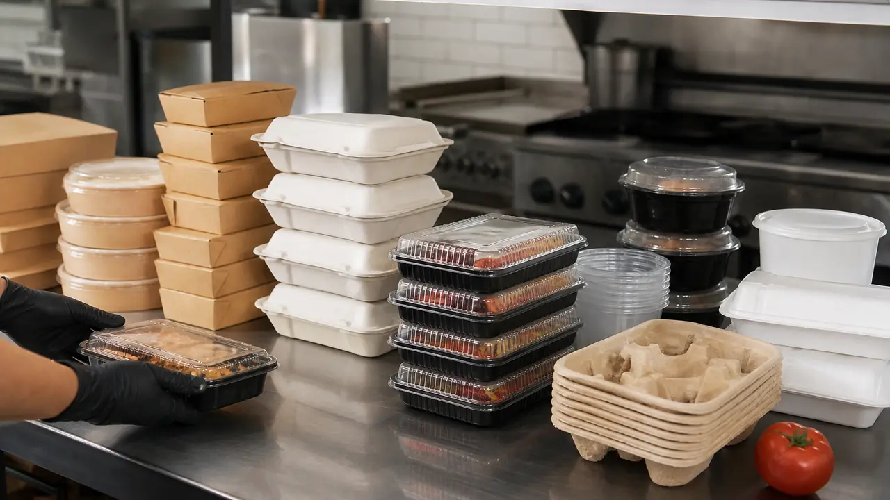 Illustration of a central kitchen pass with stacked PP takeout containers, divided trays and wrapped cutlery for foodservice