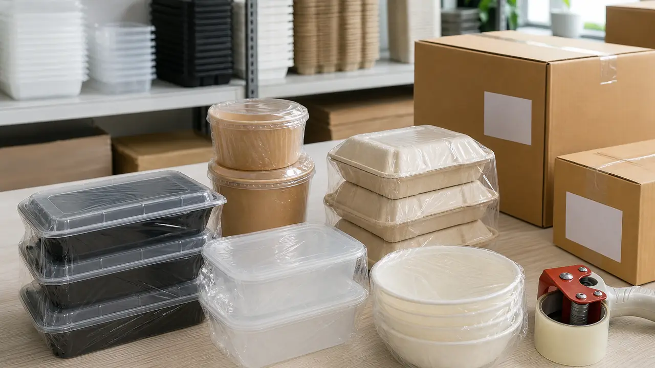Clear shoe storage boxes, fridge organizer bins and a collapsible storage box packed in labelled cartons for marketplace sellers