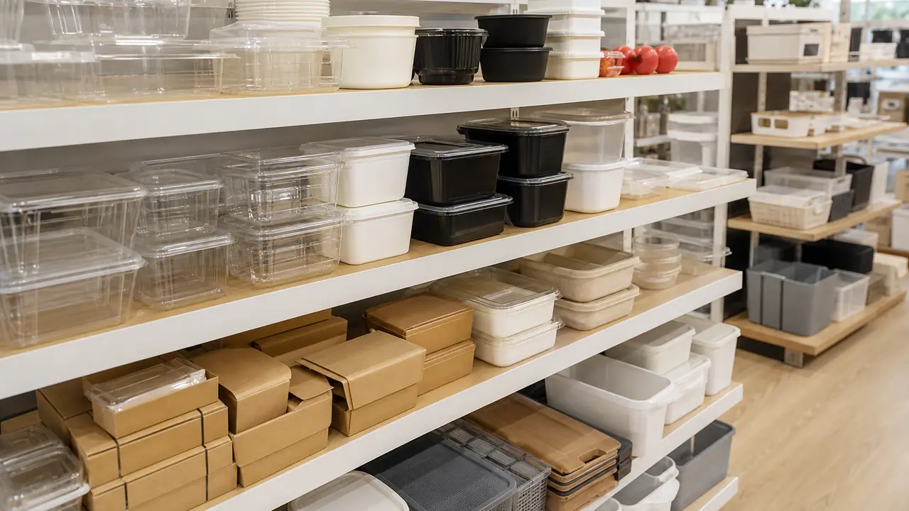 Illustration of a retail shelf bay with storage boxes, fridge bins and clear organizers in shelf-ready packaging