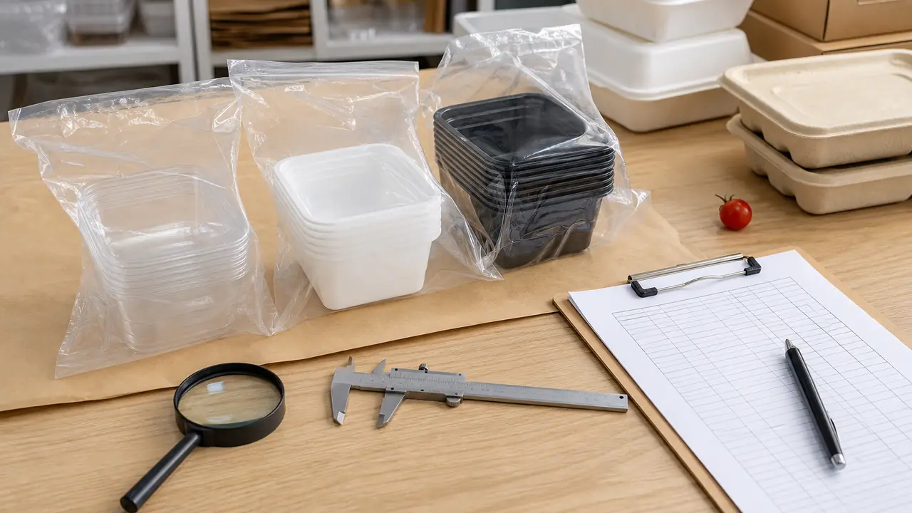 Inspector checking food containers and storage boxes against a cut sheet with a document pack for sourcing agents