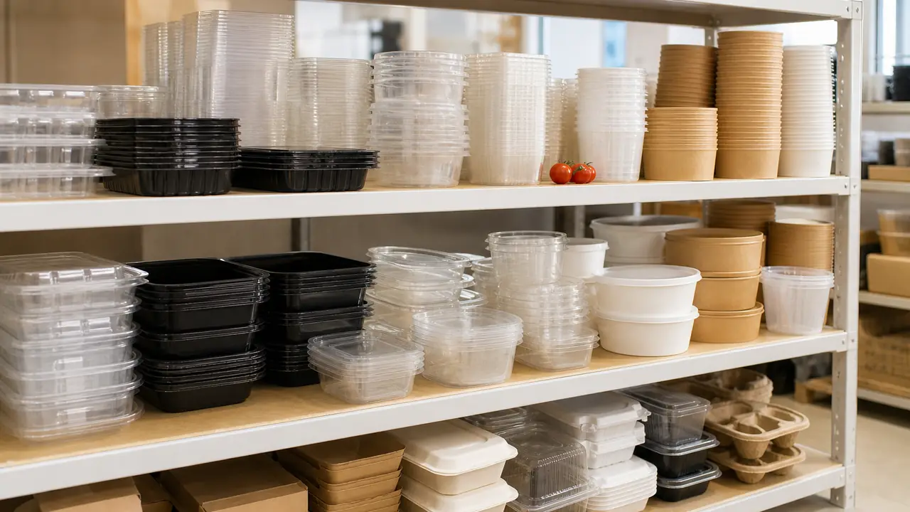 Wholesale takeout containers in sleeves, wrapped cutlery sets and flat-packed kraft gift boxes in open master cartons